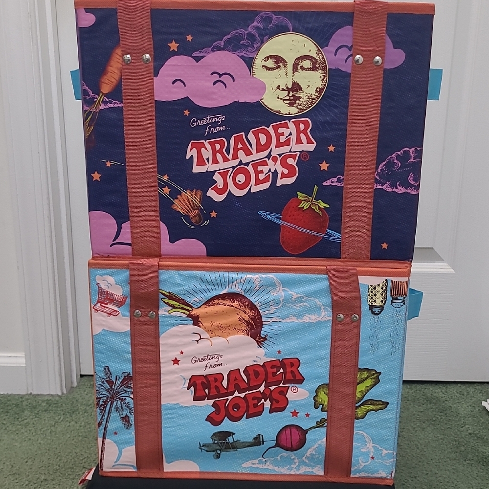 2 PCS Traders Joe Stand Up / Collapsible Grocery / Storage Tote Bag